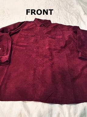 SHIRT, FAUX SUEDE, BURGUNDY, SIZE 4XL, LONG SLEEVES WITH BUTTON CUFFS, CHEST POC